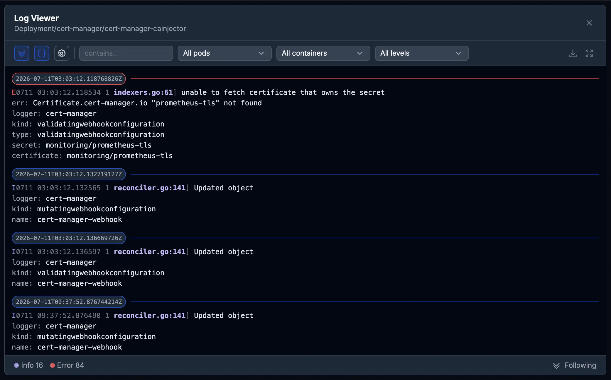 Pod log viewer in the Flux Web UI with severity highlighting and filters for pods, containers and log levels