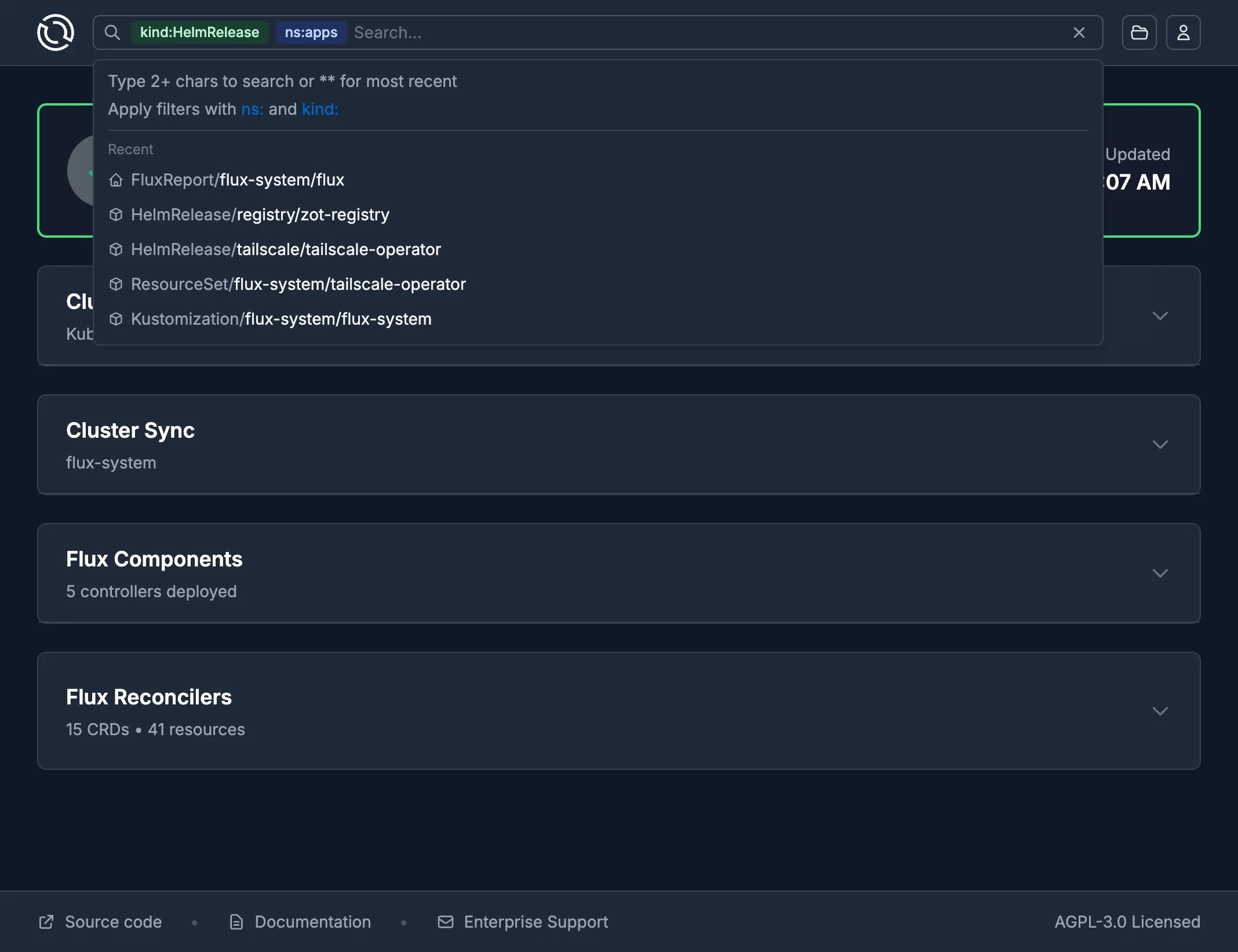 Search dropdown in the Flux Web UI filtering Flux resources by kind and namespace