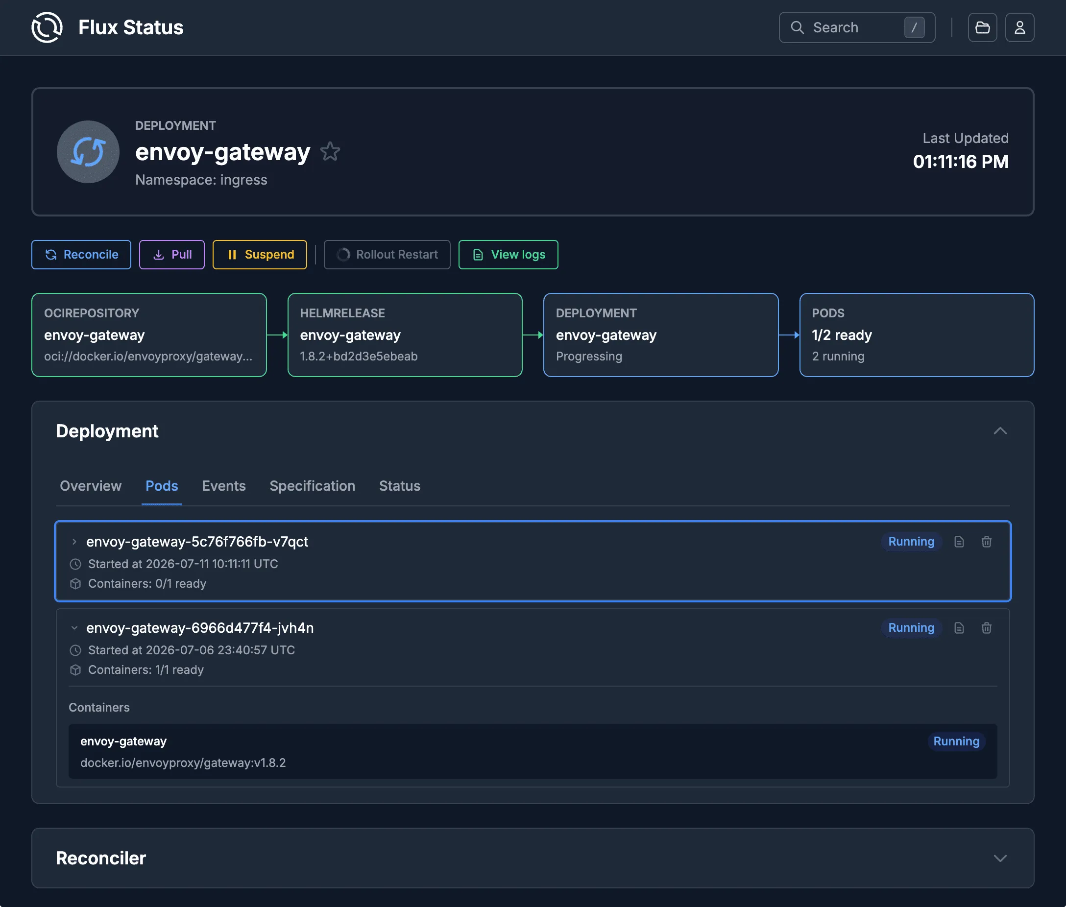 Workload view in the Flux Web UI tracing a deployment back through its Helm release to the OCI artifact it came from
